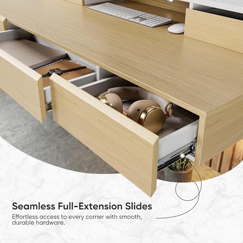 Image of ErGear Electric Standing Desk with 5 Solid Wood Drawers, 48 x 26 Inches Whole Piece Desktop, with Desktop Riser Stand, Compatible with C-Clamp Monitor Arms, Modern Office Desk, Light Walnut