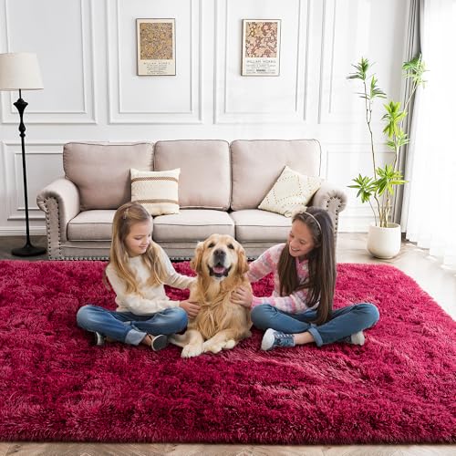 5x7 Rugs for Living Room - 1.4" Height Pile Plush Rug - Non-Slip Fluffy Throw Carpet for Bedroom - Burgundy