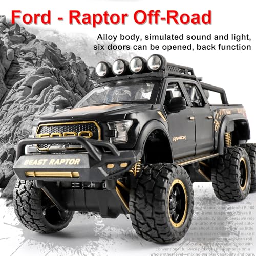 Image of Alokik Enterprise 1:24 Ford Raptor F150 Die-cast Metal Pull Back of Road Car with 4 Openable Doors with Lights and Sound Toy Decoration, Showpiece Car Best Gift Toys for Kids (Black)
