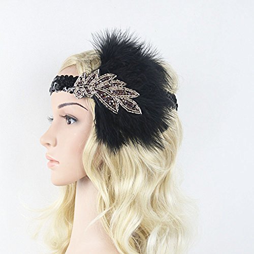 Meiliy Nature Vintage Black Sequined Headpiece Art Deco 1920s Gatsby Flapper Headband With Feather