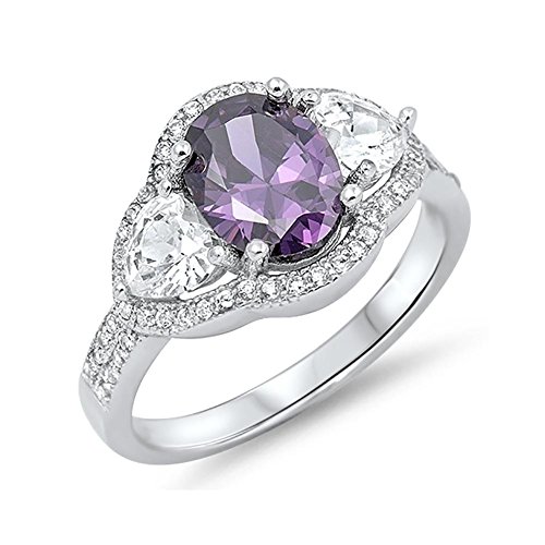 Blue Apple Co. 3-Stone Wedding Engagement Ring Halo Oval Heart Round Cubic Zirconia 925 Sterling Silver Choose Color