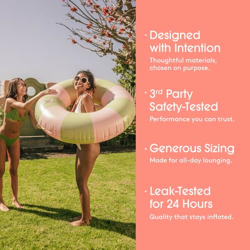 Image of FUNBOY Giant Pink & Green Stripe Inflatable Pool Float with Cup Holder, 48 inch Adult Inner Tube Swim Ring Pool Lounger