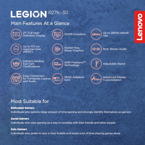 Image of Lenovo Legion R27fc-30, 27 Inch (68.58cm), FHD 1920x1080, 240Hz, Black, 0.5ms, AMD FreeSync, NVIDIA G-Sync, 99% sRGB, Speaker, 2xHDMI, 1xDP, Tilt, Swivel, Pivot, Height Adjust Stand Gaming Monitor