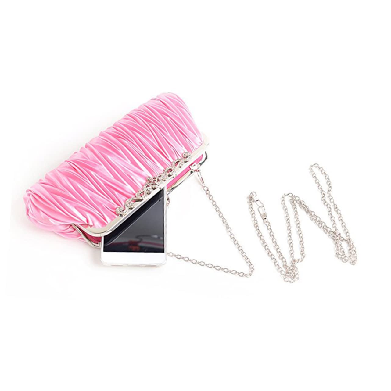 Borsa Pochette Plissettata in Raso Rosa per Cerimonia | Due Catene Rimovibili da 6 e 23 Pollici, da Pochette a Tracolla, per Matrimonio e Serate