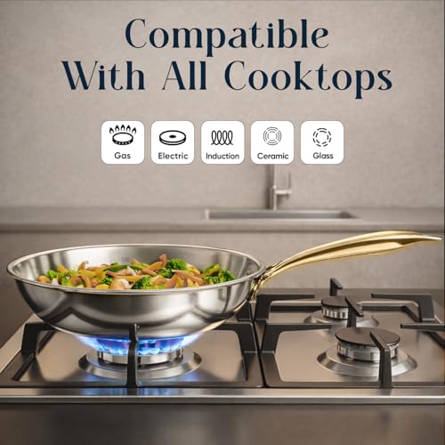 Image of SOLARA MontClaire Premium Triply Stainless Steel Frying Pan with Golden Handle, 22cm(1.7L) Fry Pan - Induction Friendly, Pan for Cooking, 100% Toxin-Free and Chemical-Free Cookware