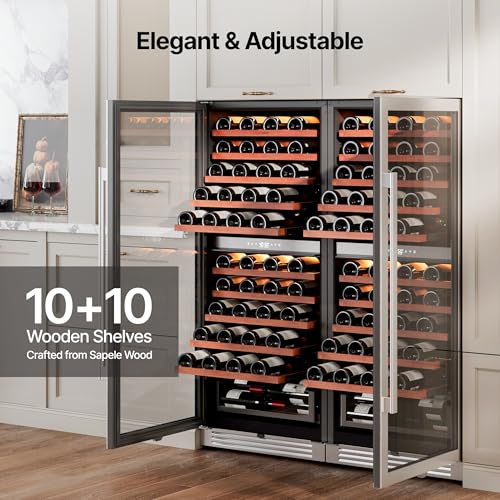 Image of Ca'Lefort 24 Inch Wine Fridge Set, 180 Bottle Capacity Dual Zone Wine Cooler Refrigerator, Built-in Glass Door Wine Fridge with Adjustable Shelves & 3 LED Lighting for Home Bar Kitchen (Two 24 inch Units)