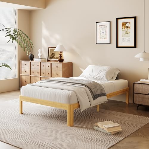 Image of 12 Inch Twin XL Wood Platform Bed,Mid-Century Wood Bed Frame Twin XL Size, No Box Spring Needed, Natural Finish, Easy Assembly