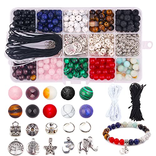 Candygirl Lavaperlen 418 Stück Bunte Chakra Perlen, 8 mm Halbedel-Chakra-Perlen, Stein Chakra perlen Kit Natürliche Kristall Chakra Perlen Edelstein Chakra Perlen für Erwachsene Schmuck Bastelset Cover