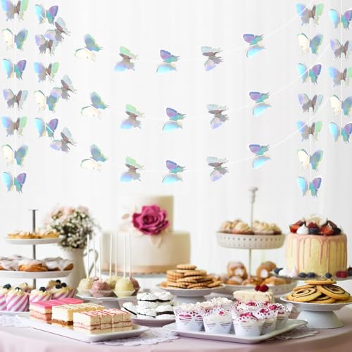 Image of BEISHIDA 5 Pieces Iridescent 3D Butterfly Paper Garland Hanging Decorative Banner for Home Ceiling Decor Birthday Party Baby Shower Wedding Theme Showcase Decoration Supplies Total 393 Inch Length