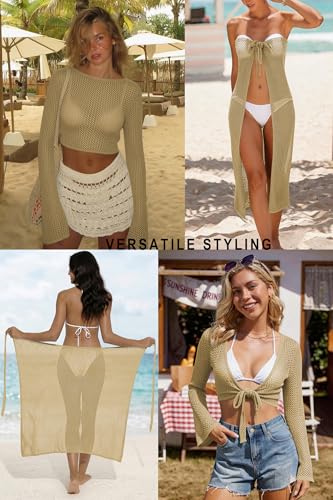Image of Cakulo Women's Crochet Cover Up 2 Piece Beach Skirt Sets | Hollow Out, Tie Front Crop Tops, Bell Sleeve, Sarong Wraps, Swimsuit Bathing Suit Coverup, Resort Wear Beach Vacation Outfits