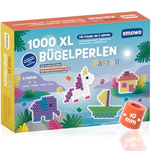 Smowo® Große 10mm Bügelperlen 1000 Stück für Kinder ab 3 Jahren - 6 Pastell Farben XL Steckperlen - Kreatives Perlenset