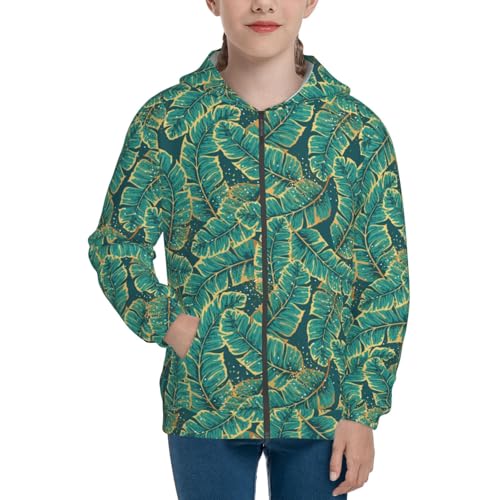 Gold and Green Tropic Leaves Kids Pullover Hoodies Boys Zip Up Sweatshirts Girls Athletic Clothes with Pocket3