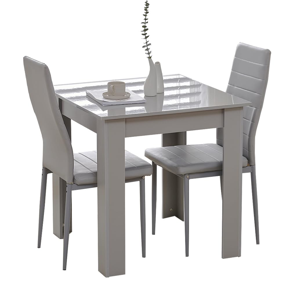 Rainbow Tree Modern 3-Piece Dining Set, Wooden Square Table with 2 Leather Chairs for Small Spaces (Grey Table+2 Grey PU Chairs) — image 1