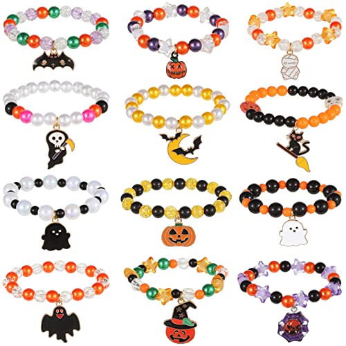 Spiritlele 12 Pieces Halloween Bracelet Pumpkin Ghost Bat Cat Charm Bracelets Costume Beaded Strand Stretch Bracelets Wristband Set