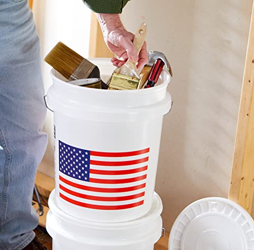 United Solutions 5 Gallon Bucket, Heavy Duty Plastic Bucket, Comfortable Handle, Perfect for on The Job, Home Improvement, or Household Cleaning, White with USA Flag, Pack of 2 (PN0202)