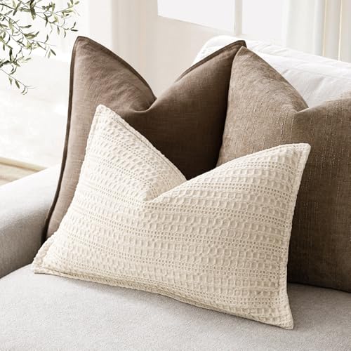 Image of Foindtower Set of 2 Decorative Cotton Waffle Weave Lumbar Throw Pillow Covers Euro Shams Cushion Covers Accent European Pillowcase For Bed Couch Bedroom Living Room Home Decor 12x20 Inch Natural Beige