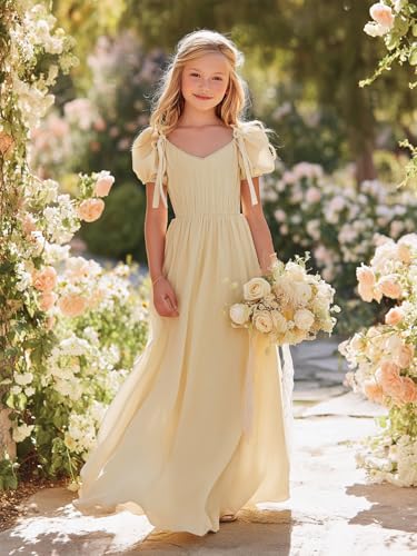V Neck Junior Bridesmaid Dress for Wedding Party Puff Short Sleeve Chiffon Flower Girl Dress3