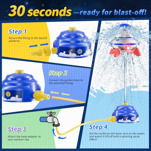 JOI MEW UFO Water Sprinkler for Kids, Water Rocket Toy Outdoor Summer Play W/Light & Spin, Adjustable Height Water Launcher, DIY Space Sticker, Backyard Lawn Gift for Girls Boys 3-12 Year Old Blue - Thumbnail 6