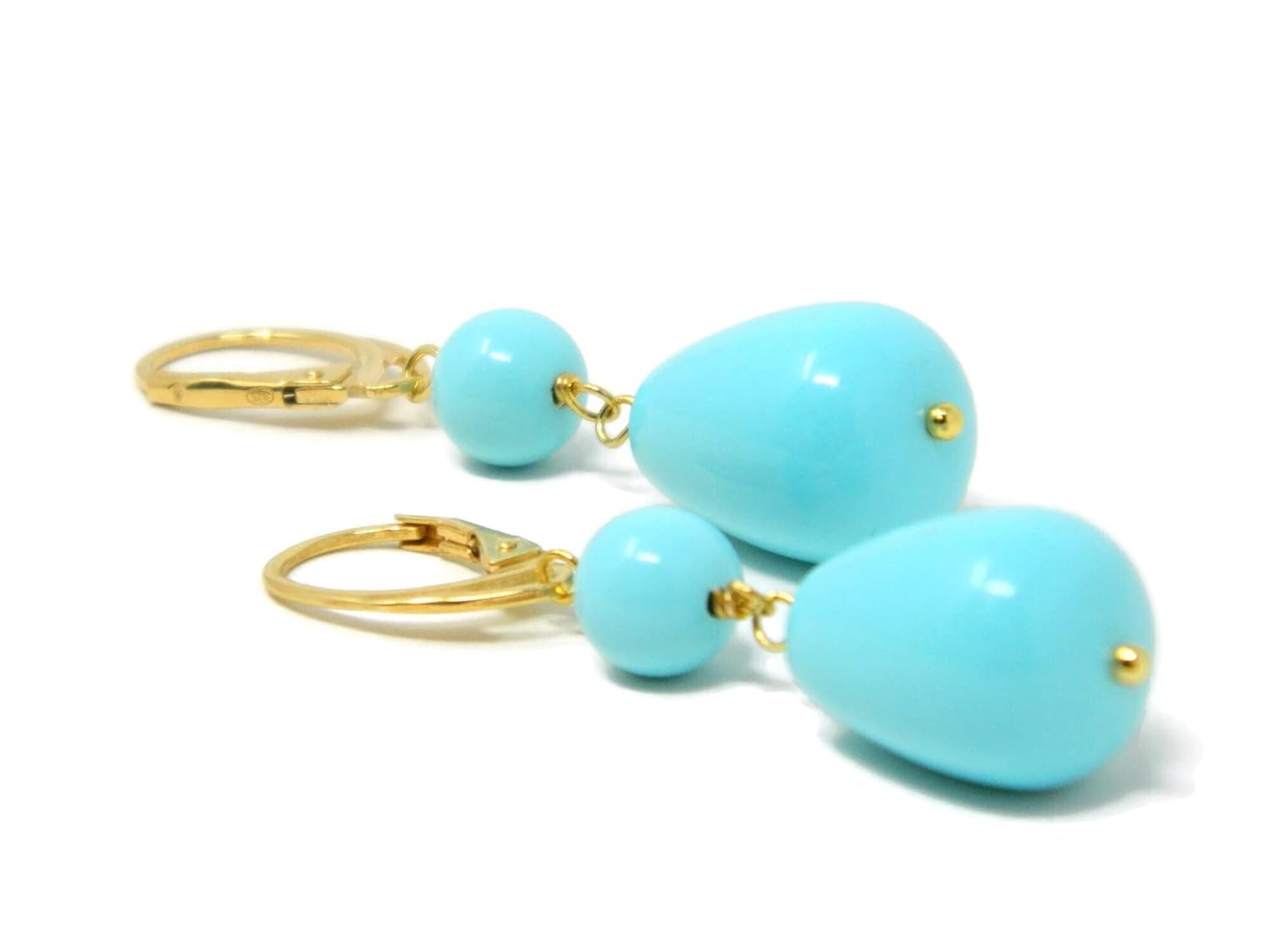 DodiGioielli Orecchini Pendenti Donna con Pallina e Goccia Liscia in Pasta di Turchese – Chiusura in Argento 925 Placcato Oro – Lunghezza 5,3 cm – Made in Italy – Nichel Free
