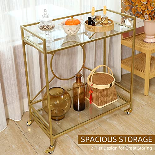 Palama Gold Bar Cart For The Home, Bar Cart Simply Assembled With Only 4 Screws, 2-Tier Snack Cart With 2 Transparent Tempered Glass Shelves, Bar Cart With 2 Lockable Wheels #TOP6