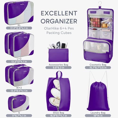 Image of ALL INCLUDED 10 Set Durable Packing Cubes for Suitcases,OlarHike Essentials for Travel, UPGRADED Anti-Tear Stitching, NEW Improved Luggage Packing Organizers for Travel Accessories (Purple)
