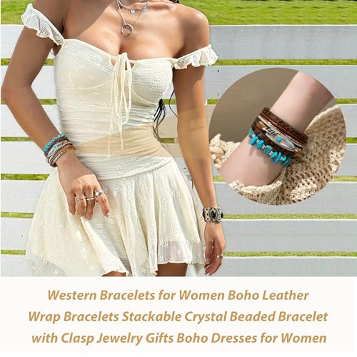 Long tiantian Western Bracelets for Women Boho Leather Wrap Bracelets Turquoise Beaded Bracelet Western Jewelry Country Concert Outfits3