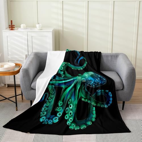 Octopus Fleece Blanket All Season Coastal Sealife Throw Blanket Throw for Kids Boys Girls Ocean Kraken Flannel Blanket Sofa Bed Couch Decor Teens Green Octopus Tentacles Plush Blanket Warm Soft