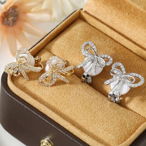 Aretes Clip On Lazo Dorado con Brillantes miniatura 6