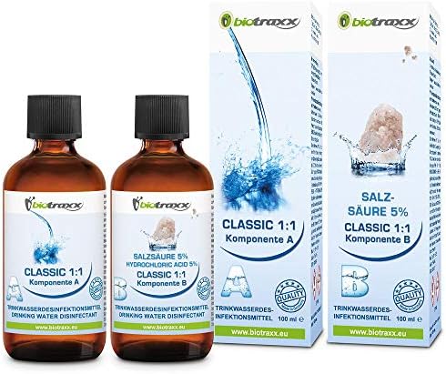 Biotraxx Classic Water Purification 1:1 Set, 1x 100ml Hydrochloric Acid 5%, 1x 100ml Sodium Solution. Made in Germany