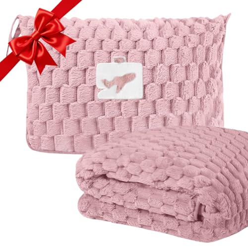 flintronic Travel Blanket and Pillow 2 in 1 Airplane Blanket Compact Office Blankets Lightweight & Portable Foldable Pillow for Adults Kids Long Flights and Trains (Pink Flannel)