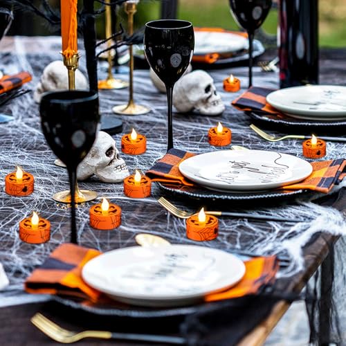 Image of GenSwin Pumpkin Spiderweb Halloween Flameless Candle Battery Operated Timer | Battery Included, LED Tealight Candles for Home Halloween Decoration Gifts, 12 Pack