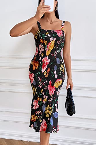 PRETTYGARDEN Women's Summer Floral Midi Tank Dress Sleeveless Strappy Ruffle Hem Smocked Bodycon Dresses4
