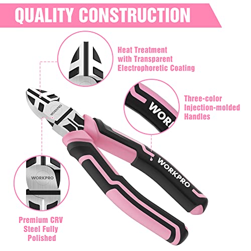 WORKPRO 3-Piece Pliers Set, Pink Tool Set Including Needle Nose & Diagonal Cutting & Slip Joint Pliers for Plumbing, Automotive and General Applications - Pink Ribbon - Image 5