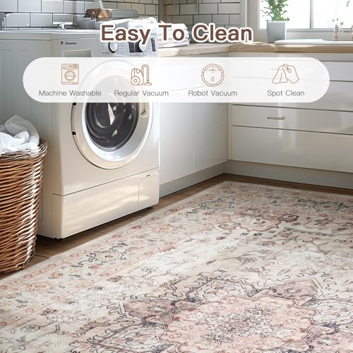 Lofus 3x5 Area Rugs for Living Room, Washable Area Rug, Rugs for Bedroom, Kitchen, Vintage Boho Carpet, Soft Non-Slip, Low Pile Large Area Rug for Office Dining Room, Pink
