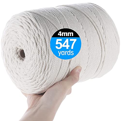 Macrame Cord, 4mm x 547Yards, 100% Natural Cotton, 4 Strand Twisted Soft Cord for Crafting, Decorations and DIY Projects