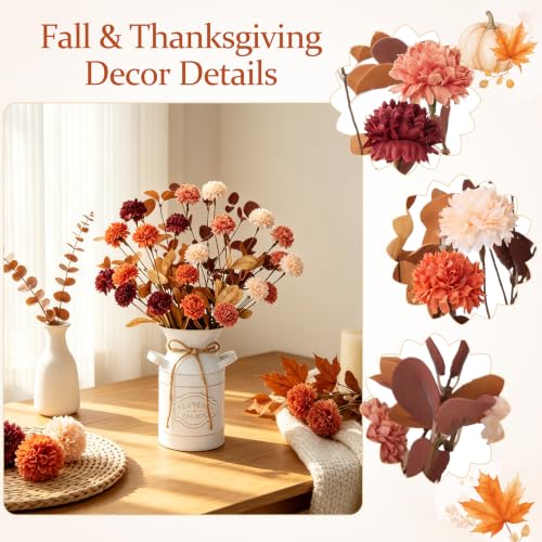 Image of Fall Thanksgiving Table Decorations, Farmhouse Centerpieces for Tables | Fall Thanksgiving Table Centerpieces Decor for Home Dining Table with Artificial Ball Chrysanthemums, Vintage Metal Vase