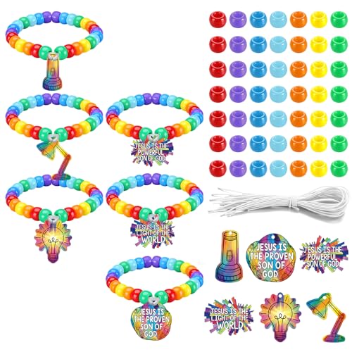 Tondiamo 24 Sets VBS 2026 Bracelet Crafts Kits Illumination Theme Bracelet Making Kit DIY Light Bulb Rainbow Bead Wristband Charms for Vacation Bible School Jewelry Making Supplies