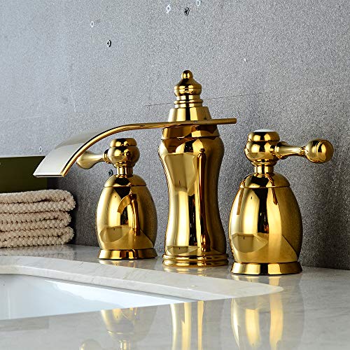 Wovier Shiny Polished Gold 8-16 Inch Widespread Waterfall Bathroom Sink Faucet,Two Handle Three Hole Lavatory Faucet,Basin Mixer Tap With Pop Up Drain,French Gold #TOP5