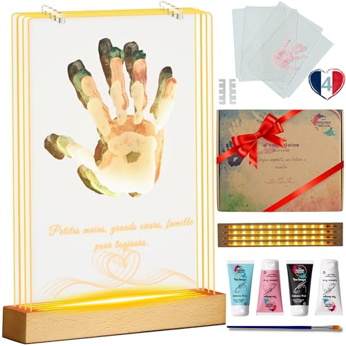Premier trésor - Kit empreinte de famille avec Base Bois LED - 4 plaques Acryliques - 4 empreintes...