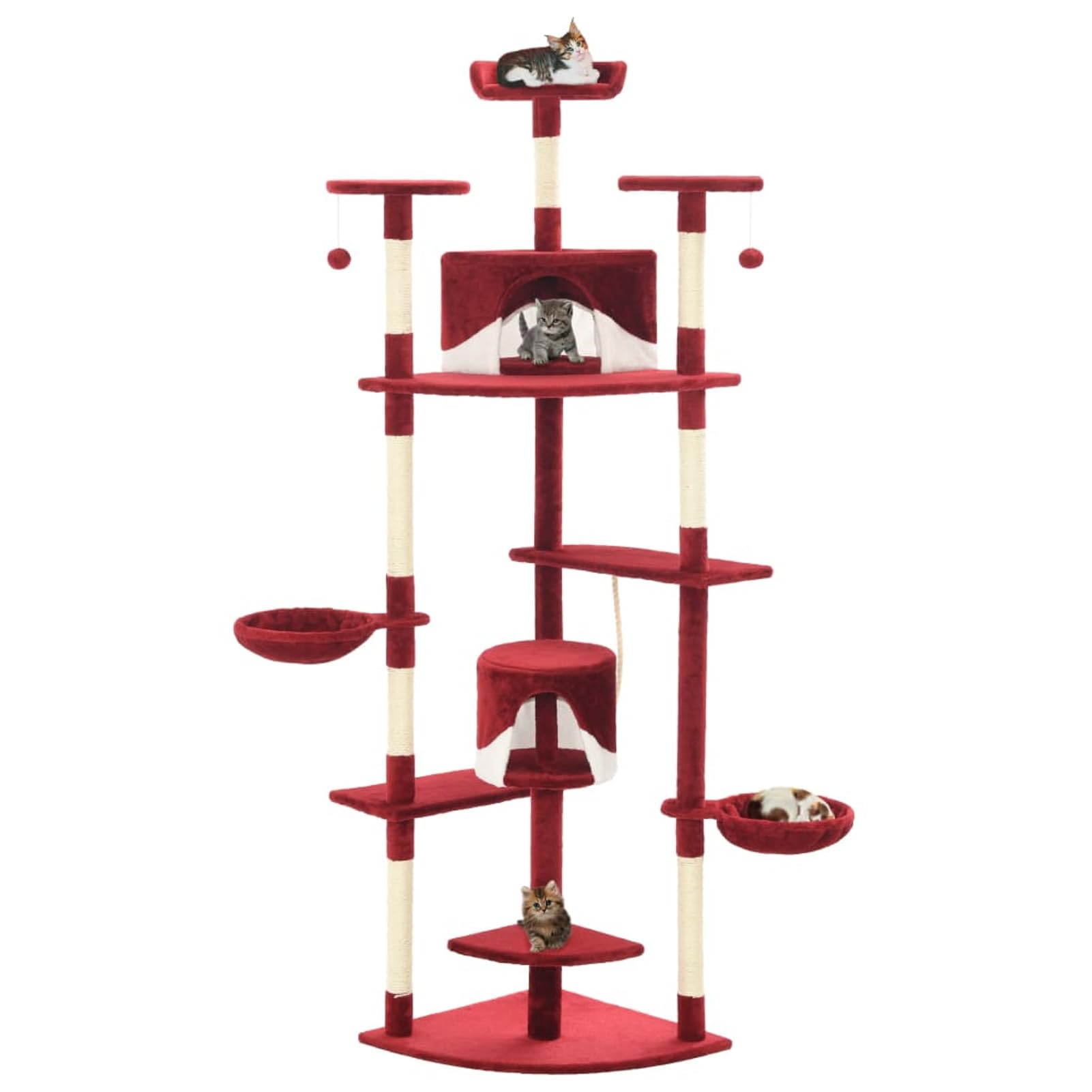 ARKEM Rascador para Gatos con Poste de sisal Rojo y Blanco 203 cm Poste Rascador para con Cuerda de Sisal, Colgante para Gatos y Manta Suave