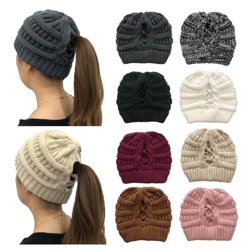 TMTGTS Weiche Brötchen WinterMütze Damen Pferdeschwanz Messy Bun Beanie Tail Knit Slouchy Hat Warme Stretch Zöpfen Loch Loop Slouch Strickmütze für Damen Mädchen Langen Haaren EIN Stücke(1#)