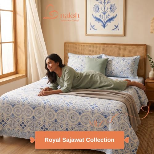 Image of Naksh Queen Size Bed Sheet Blue Geometric Print 2 Pillow Covers | Modern Blue Geometric Print with Symmetrical Pattern | Bed Sheet Double Bed | Royal Sajawat Collection |