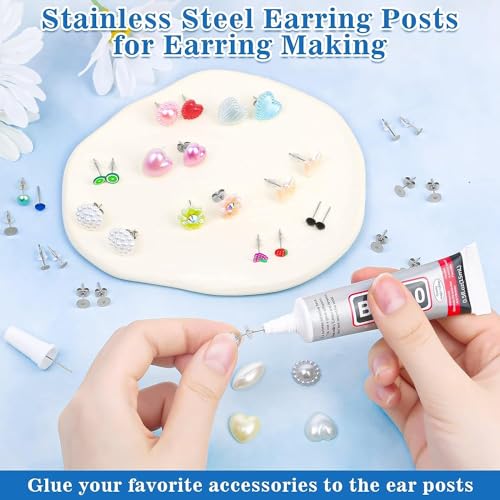 Image of Dhruv Crafts Jewelry Glue With Earring Posts, 1002Pcs Stainless Steel Stud Posts With Butterfly and Rubber Backs, DIY Jewelry Making Kit