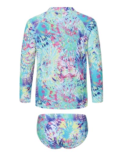 Image of Girls Long Sleeve Rash Guard Set Tie Dye Bathing Suits Two Piece Swimsuits for Kids Swim Shirts 3-16 Years