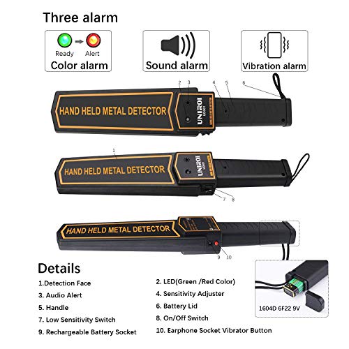 UNIROI Hand Held Metal Detector Wand Security Scanner with 9V Battery,Super Scanner V Metal Detector,Adjustable Sensitivity,Lights Alarm,Sound & Vibration Modes,Include Belt Holster - Thumbnail 3