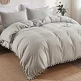 Andency Pom Pom Fringe Duvet Cover Full Size (79x90 Inch), 3 Pieces (1 Solid Light Gray Duvet Cover, 2 Pillowcases) Soft Washed Microfiber Duvet Cover Set with Zipper Closure, Corner Ties