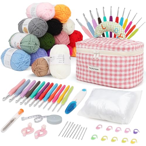 Aeelike Häkelnadel Set mit 16 Häkelgarn, Nützliches Starter Häkelset für Anfänger, Profis, 2,0-8,0 mm Ergonomische Weicher Griff Häkelnadeln Set, Rosa-weiß Karierte Häkel Set Häkeltasche, Häkelzubehör