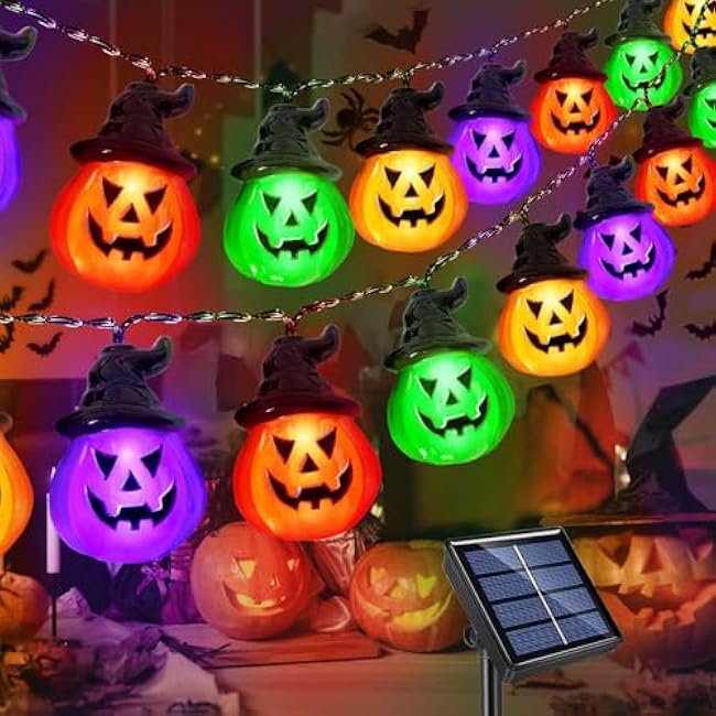 Upgraded Solar Halloween Lights Outdoor, Solar Powered Pumpkin String Lights,16ft 20LED 8 Modes Waterproof Halloween String Lights for Garden Patio Landscape Halloween Decorations(Multicolor)