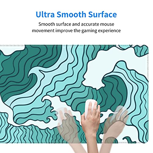 Japanese Green And White Wave Gaming Mouse Pad Xl, Non Slip Rubber Base Mousepad, Stitched Edges Desk Pad, Extended Large Mice Pad,31.5 X 11.8 Inch #TOP4