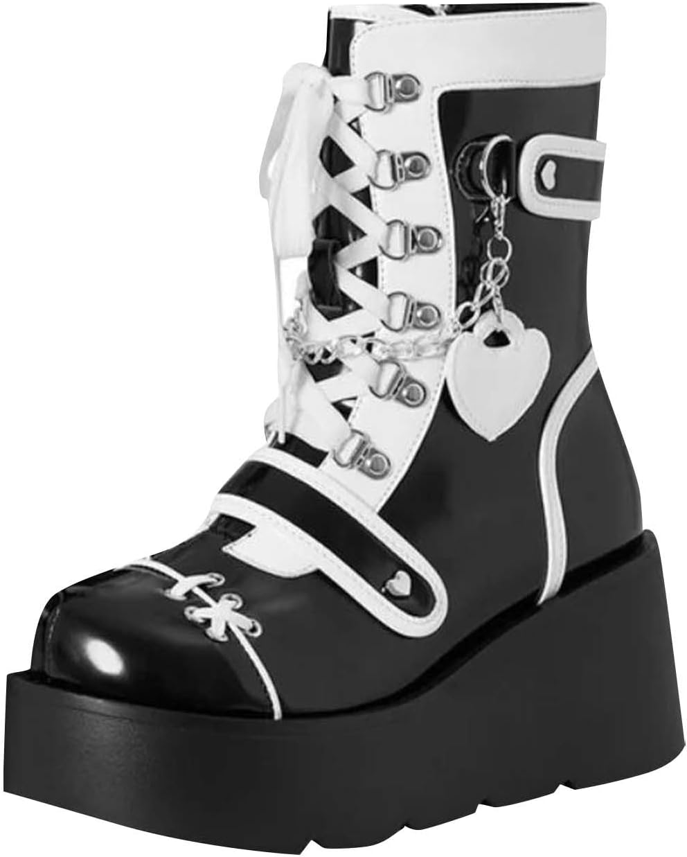 Platform Ankle Boots for Women Goth Lace Up Combat Boots PU Leather Punk Buckle Mid Calf Riding Boot